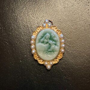 Vintage Inspired Green and white Cameo Pendant with Girl and Fawn Fairytale